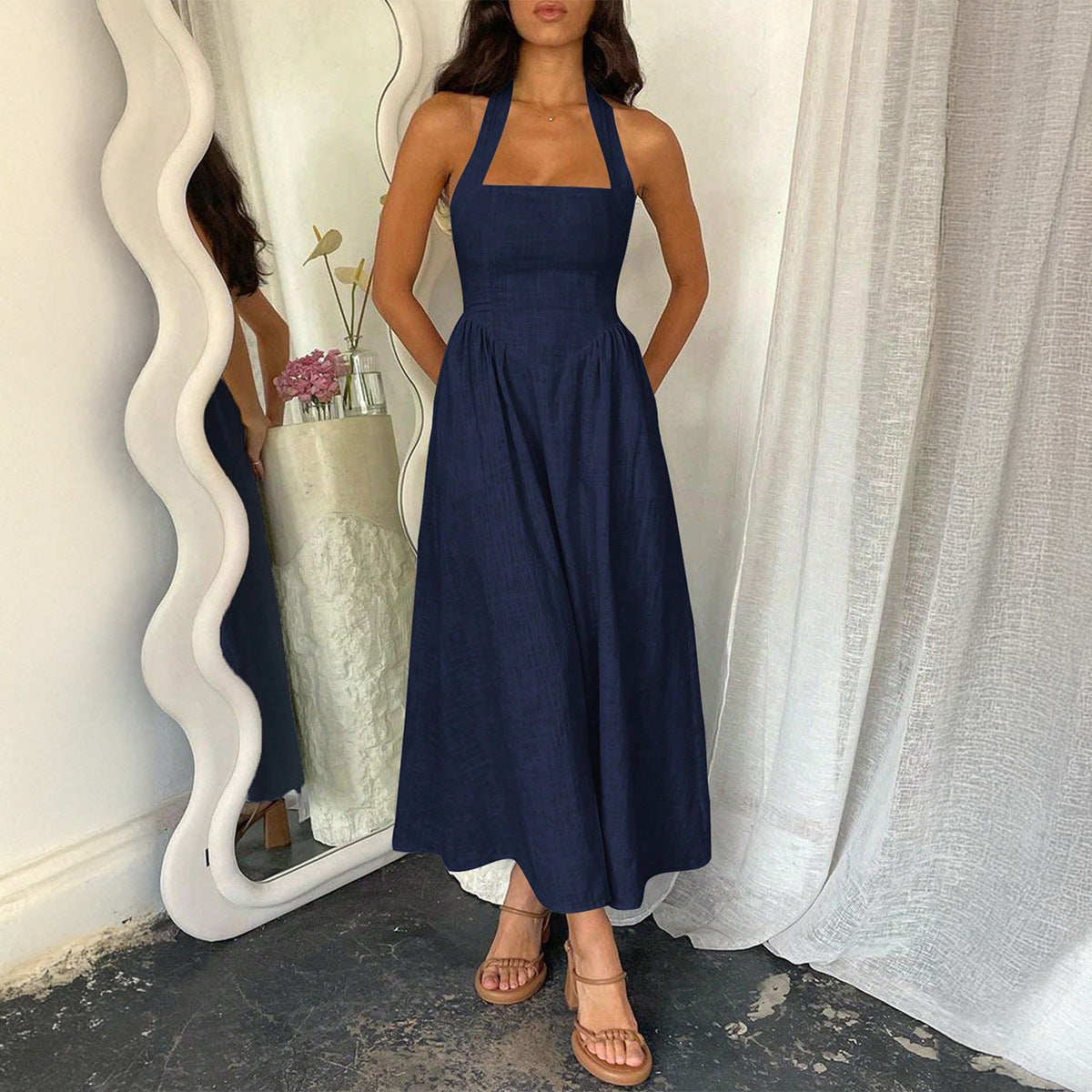 Women's Casual Vacation Style Solid Color High Waist Dress