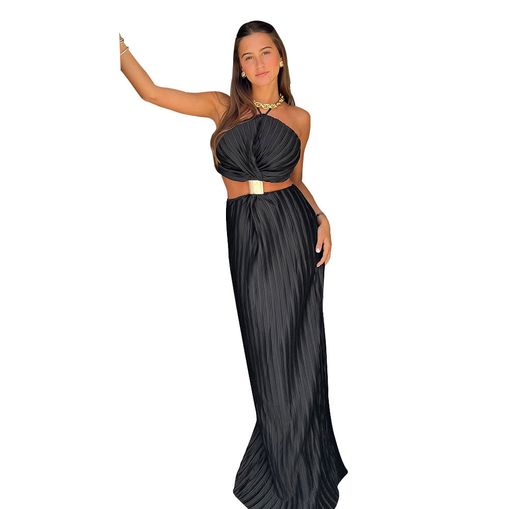 Women's Pleated Sexy Lacing Dress Back Slit Dresses