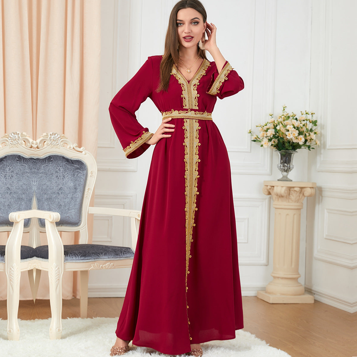 Women's Color Stitching Basic Loose Embroidery Long Dresses