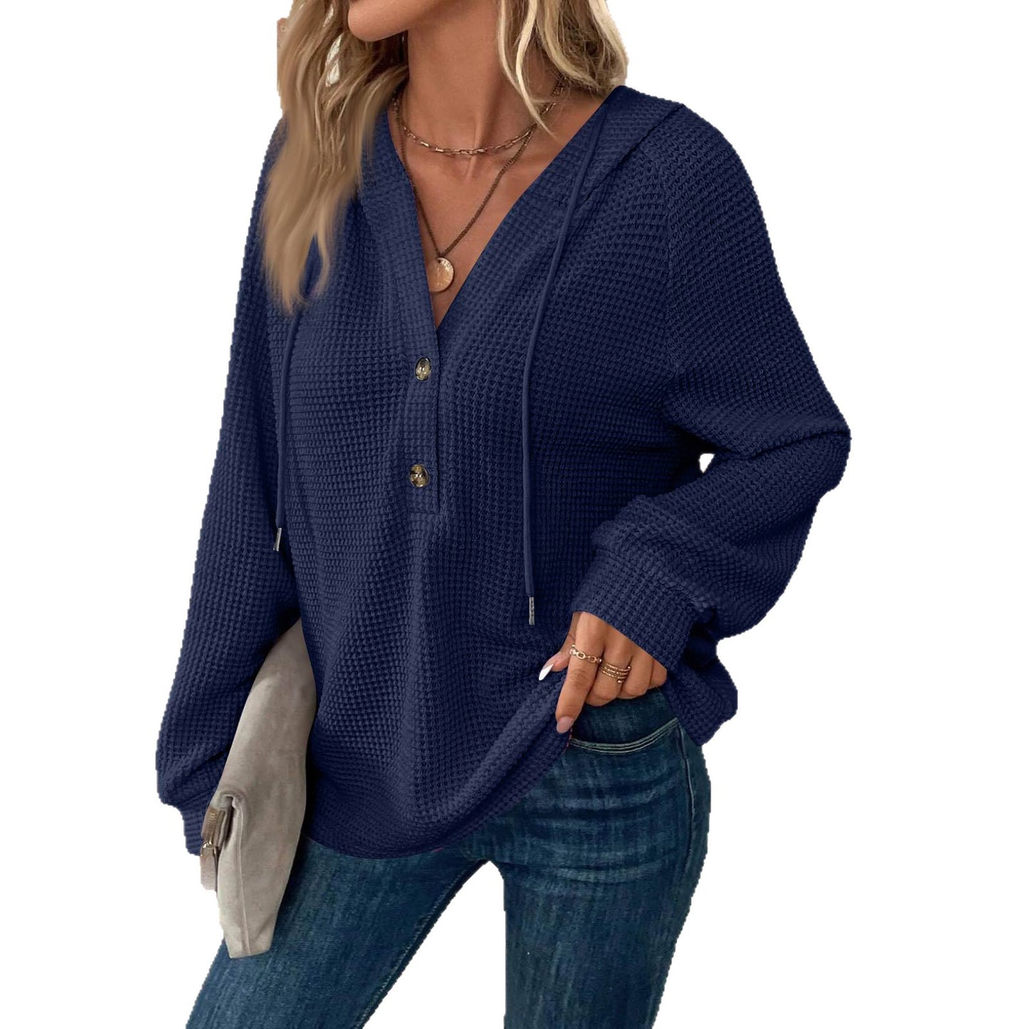 Women's Hoodie Waffle Knit Drawstring Button Long Sleeve Pullover Leisure Sweaters