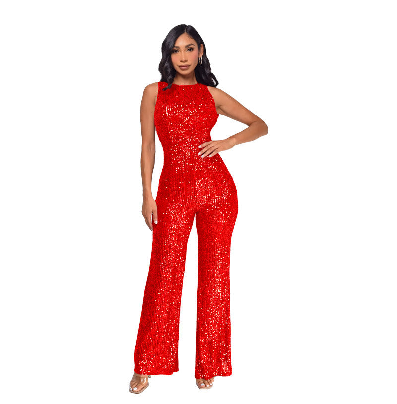 Women's Wind Sleeveless Sequined Round Neck Slim Jumpsuits