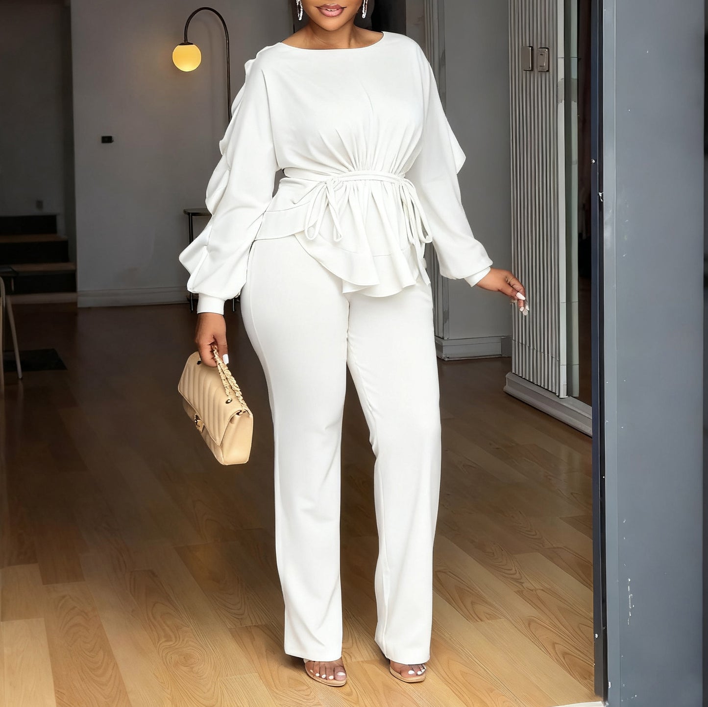 Elegant Winter Elastic Ruffled Drawstring Long Sleeve Tops