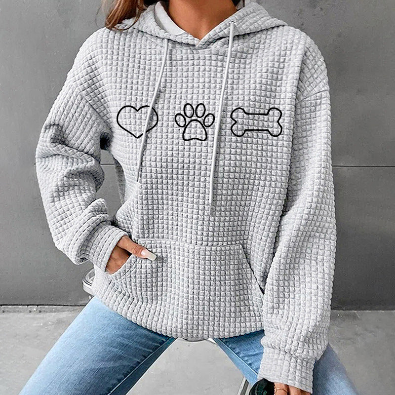 Women's Love Paw Print Pullover Hooded Waffle Women's Sweater, Sweater