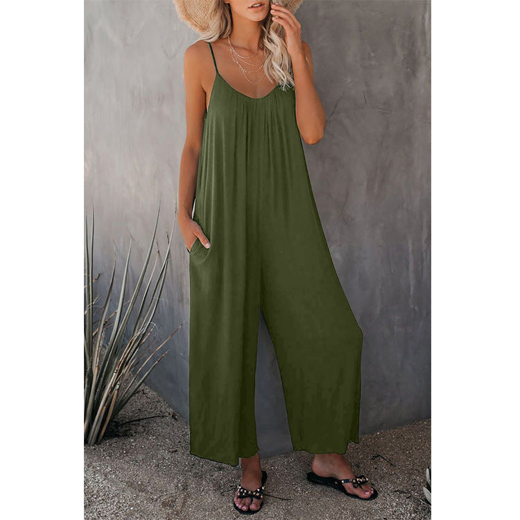 Women's Sling Summer Solid Color Pocket Jumpsuits