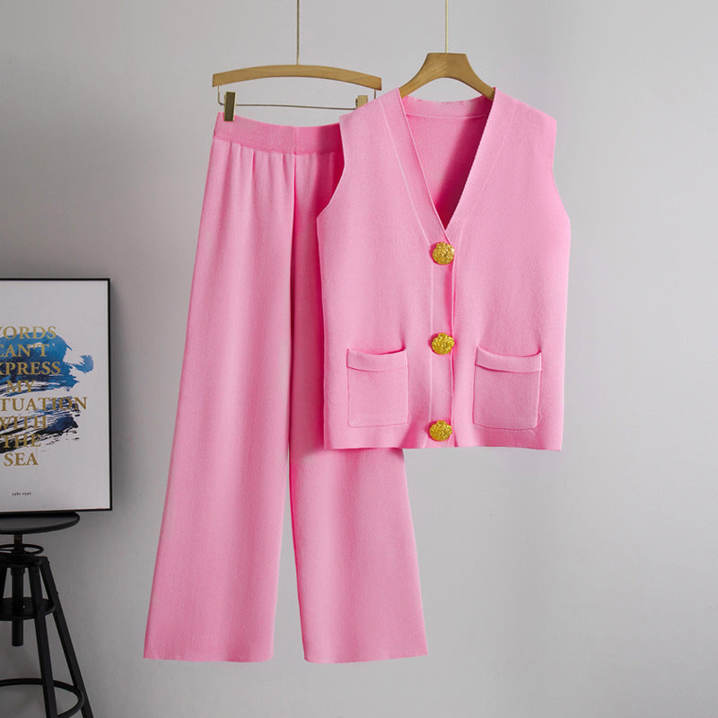 Women's Sleeveless Large Button Straight Wide Leg Two-piece Sweaters
