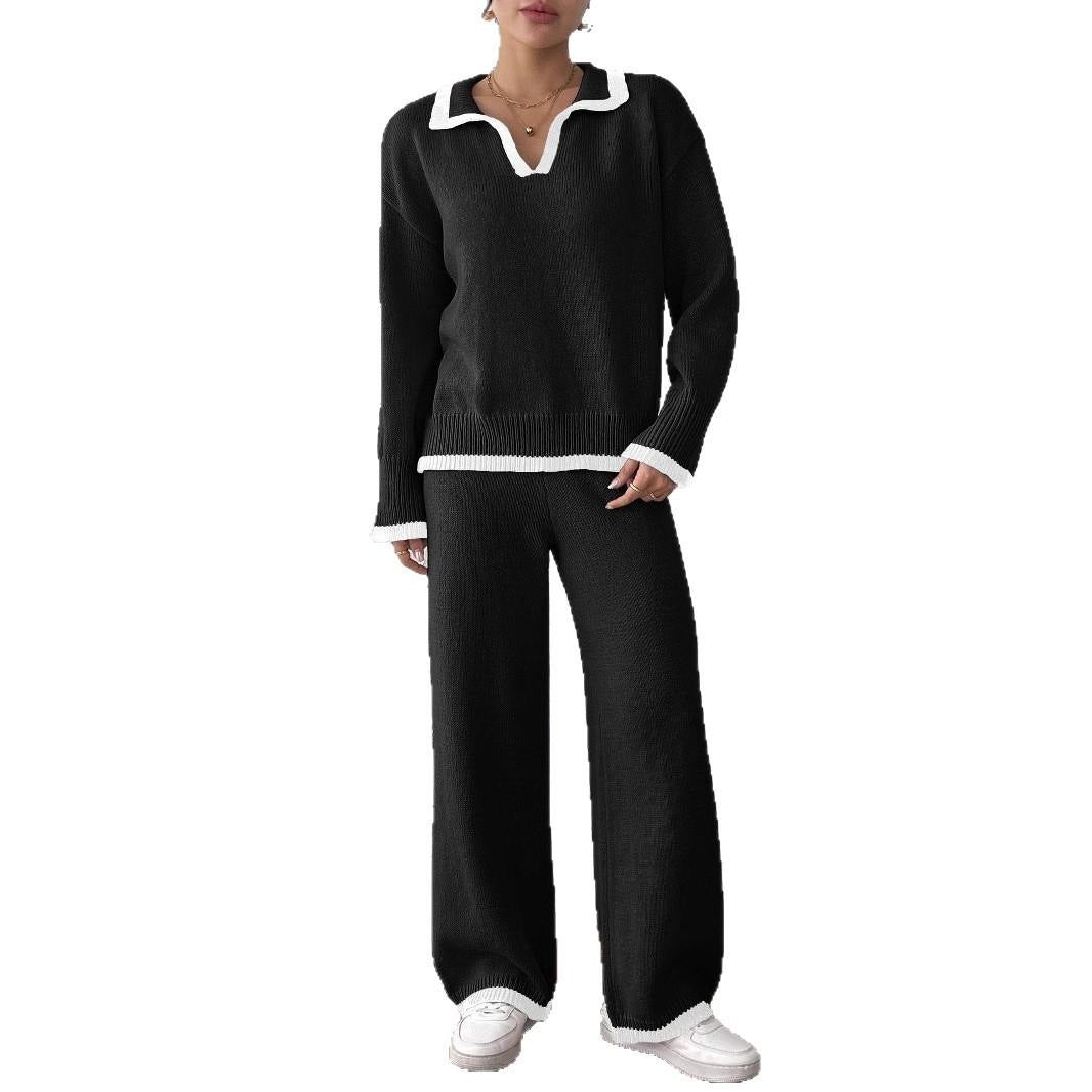 Women's Color Contrast Patchwork Collar Lapel Pullover Sweaters