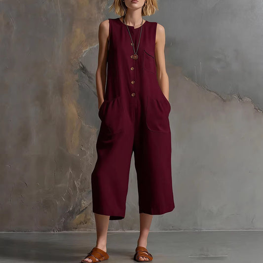 Casual Retro Sleeveless White Wide Leg Women's Jumpsuit/clothing