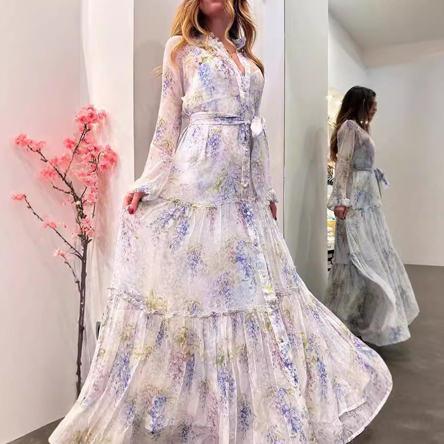 Women's Chiffon Printed Dress Large Swing Belt Dresses