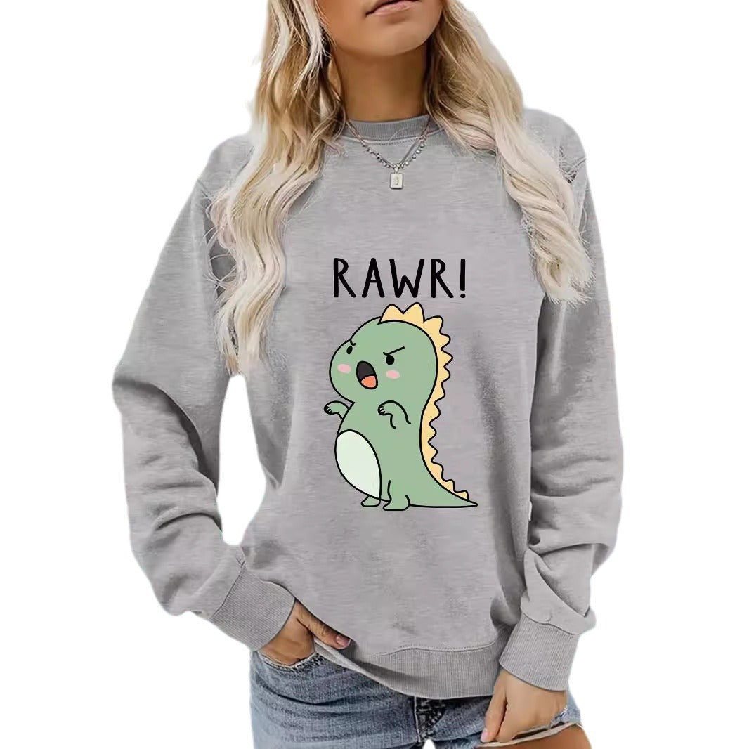 Women's Sleeve Round Neck Cartoon Dinosaur Print Sweaters