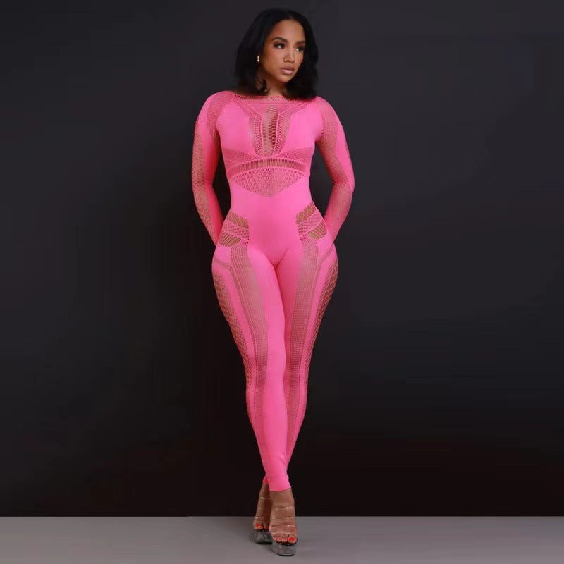 Women's Autumn Nylon One-piece Knitted Hollow Slim Women's Jumpsuit/clothing