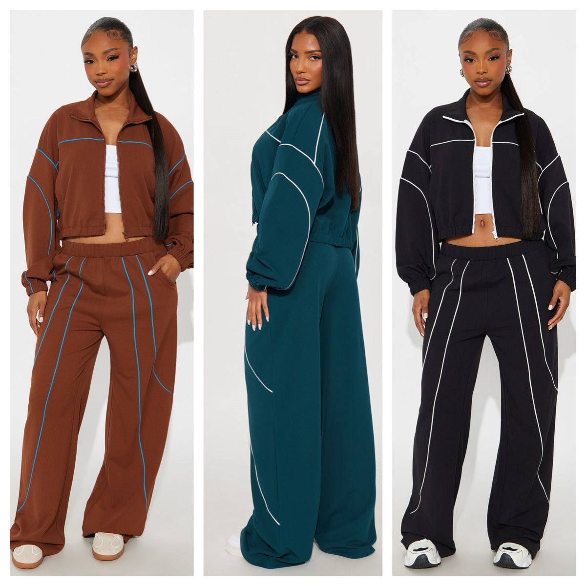 Women's Casual Wide Leg Line Color Stitching Suits
