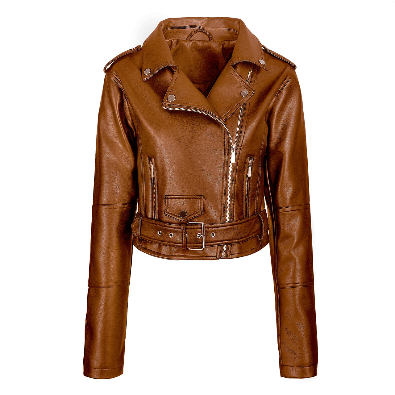 Women's Locomotive Style Leather Lapel Zipper Belt Jackets