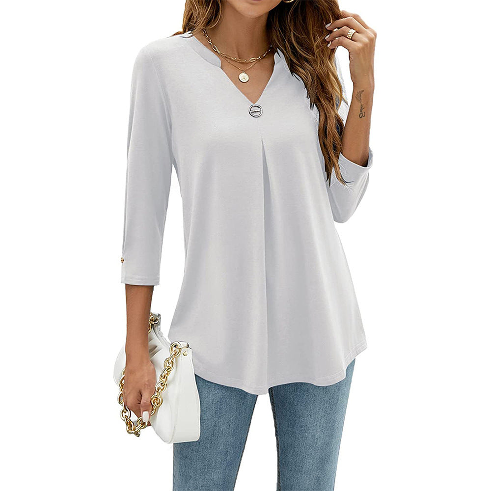 Women's Three-quarter Sleeve Solid Color Clinch Pleated Women's T-shirt
