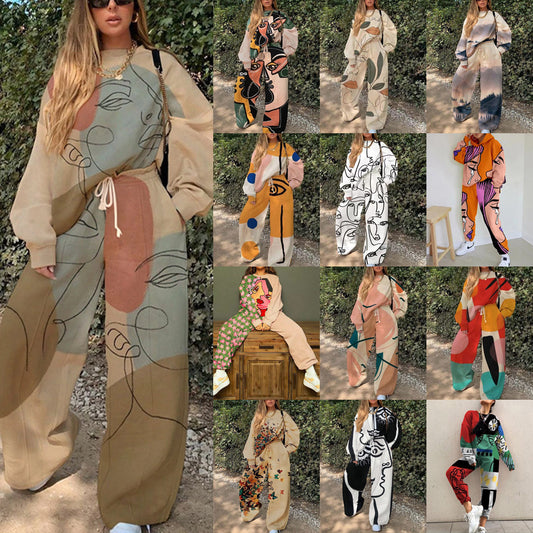 Women's Casual Round Neck Loose Printed Basic Suits