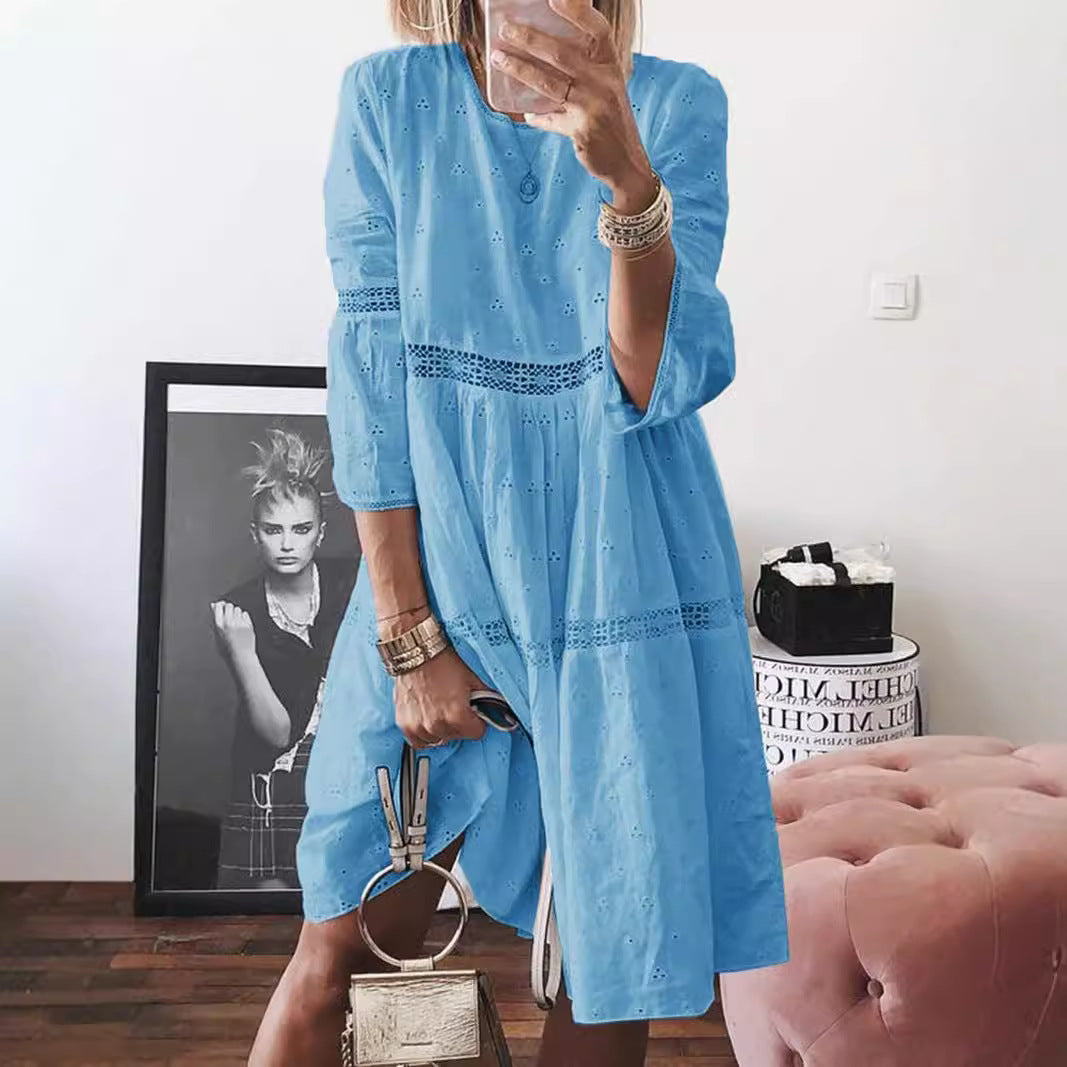 Women's Lace Stitching Hollow Embroidered Sleeve Dress Dresses