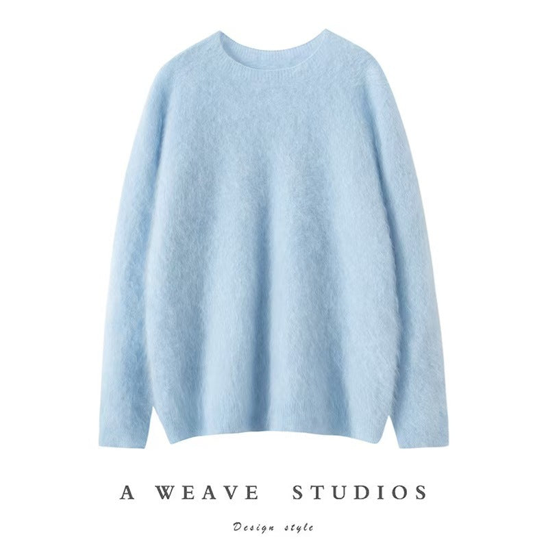 Women's Pure Cashmere Brushed Loose Round Neck Sweaters