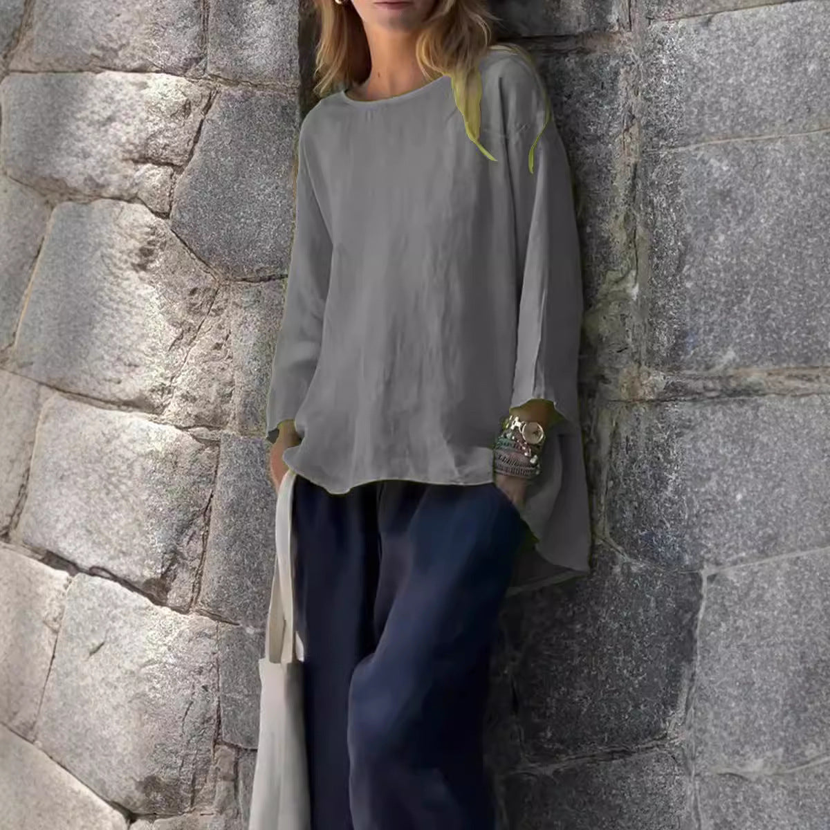 Women's Sleeve Round Neck Cotton Linen Loose Tops