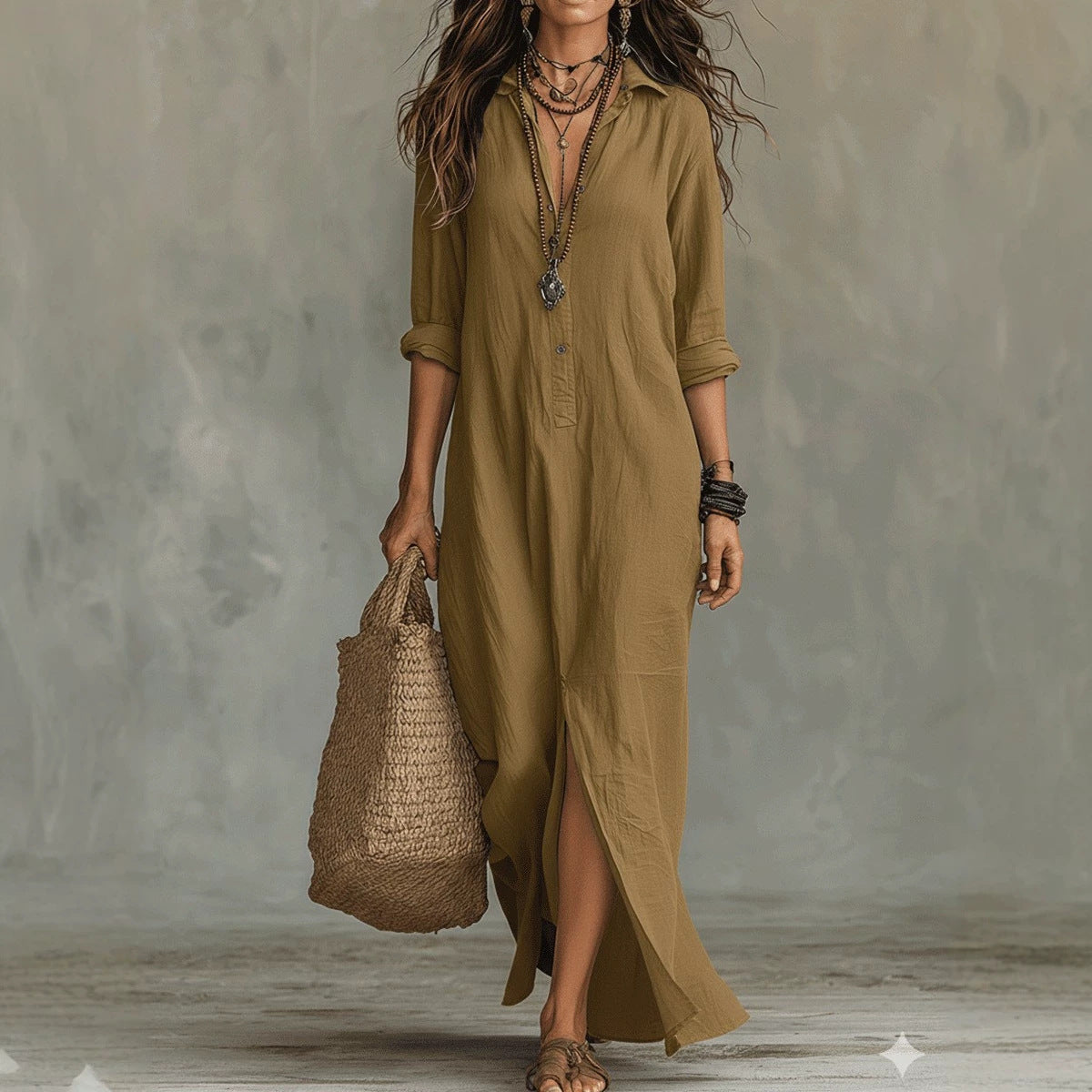 Shirt Collar Floor Casual Slit Long Dress