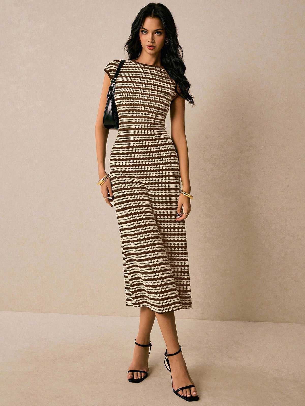 Women's Striped Knitted Midi With Shoulder Sleeves Slim Fit Dress