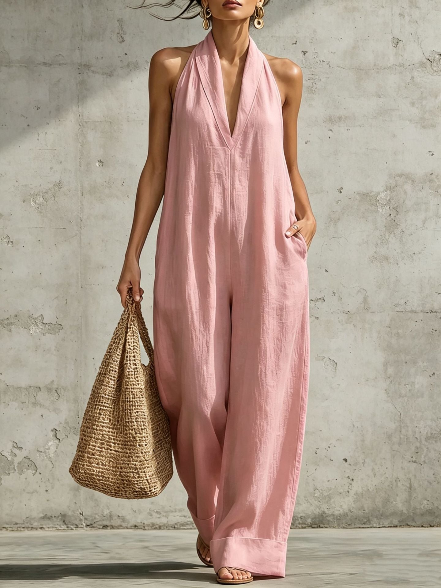 Cotton Linen Simplicity Elegant Sleeveless Casual Jumpsuits