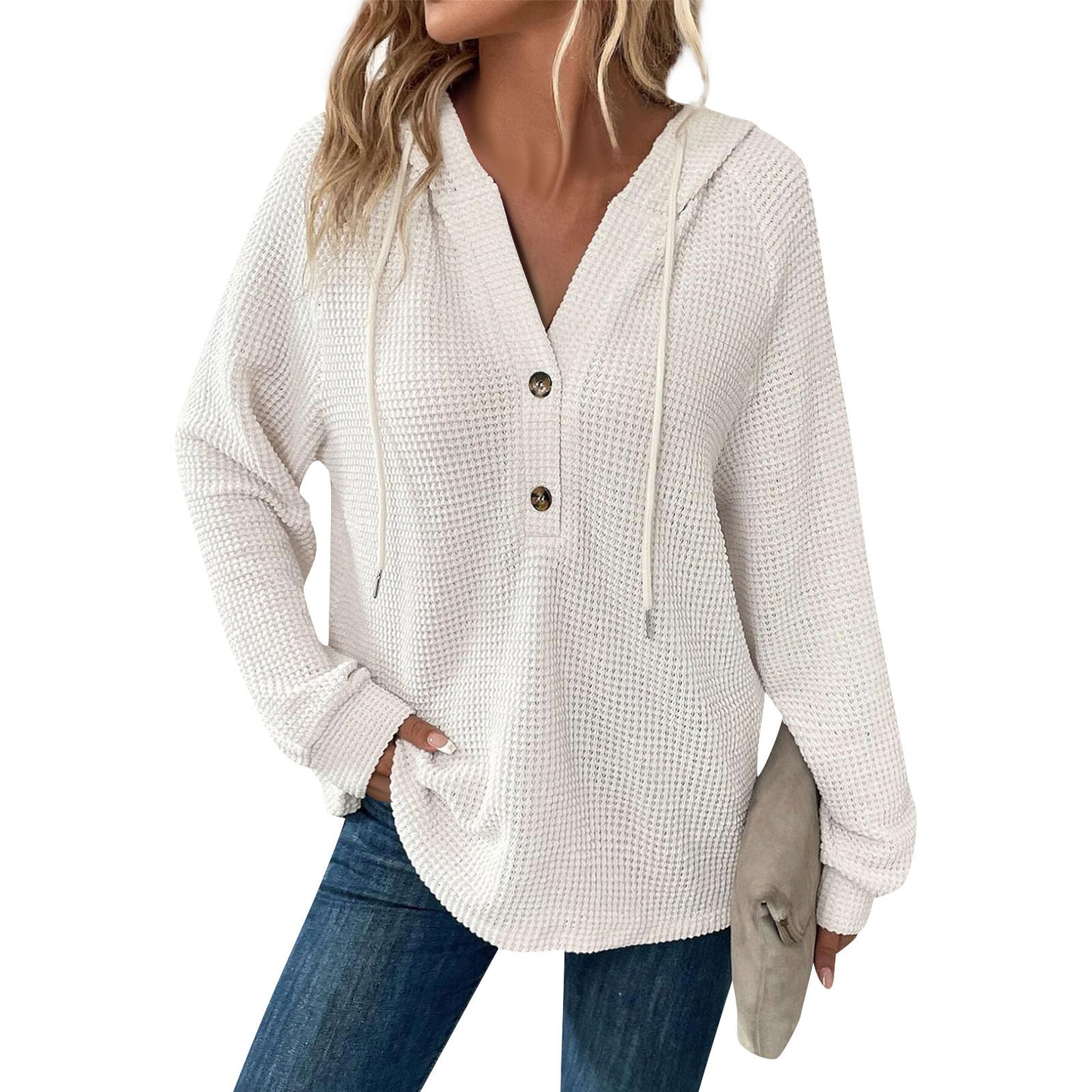 Women's Color Waffle Hooded Button Loose Long Women's Sweater, Sweater