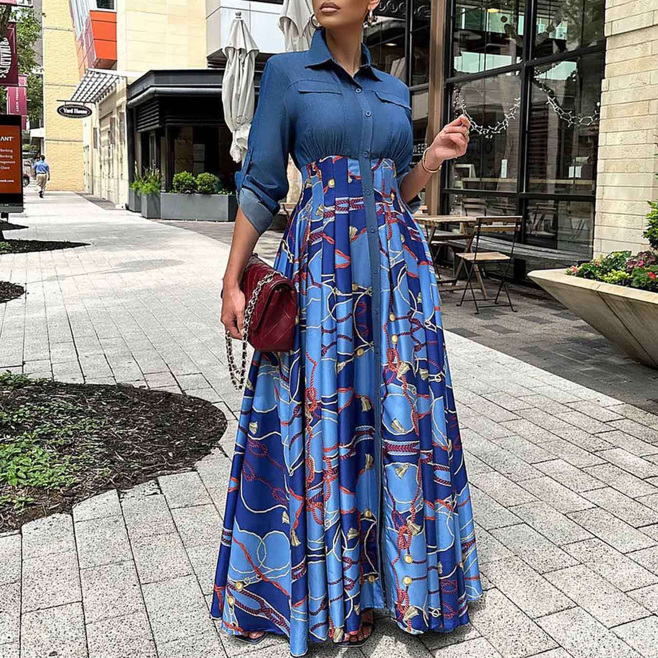 Women's Large Fashion Casual Denim Stitching Printing Dress