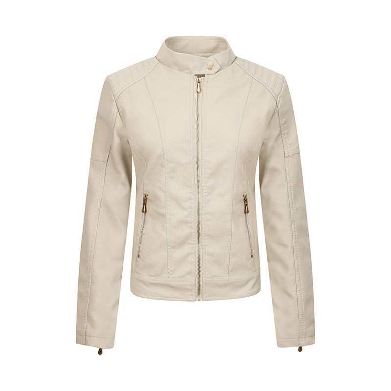 Women's Stand Collar Leather Motorcycle Veet Slim Jackets