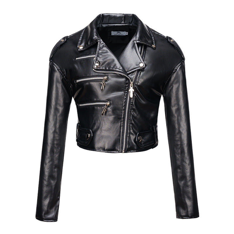 Women's Leather Long-sleeved Lapel Oblique Zipper Motorcycle Jackets