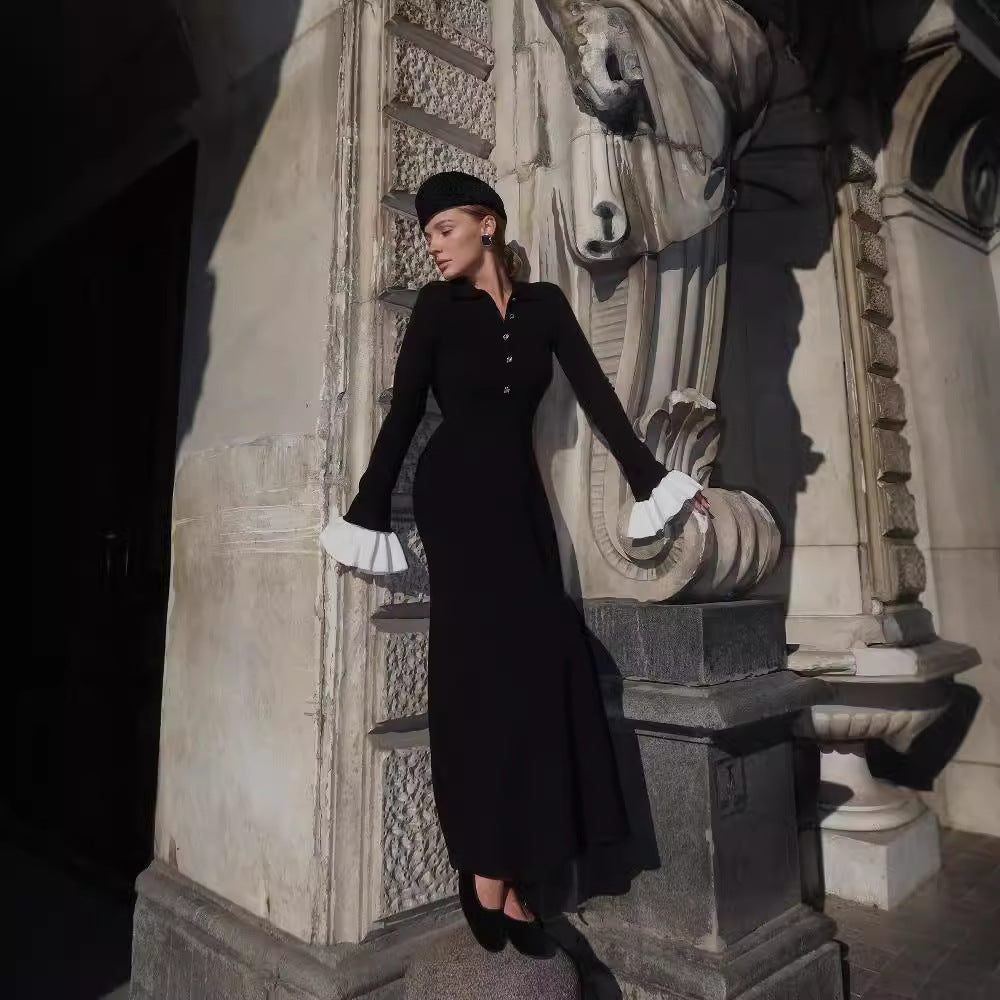 Women's Yarn Slimming Patchwork Long-sleeved Knitted Long Dresses