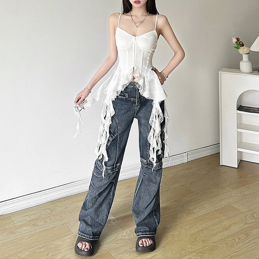 Women's Summer French Strap Dress Irregular Ruffled Tops