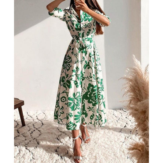 Popular Women's Printed Long-sleeved Lapel Shirt Dress