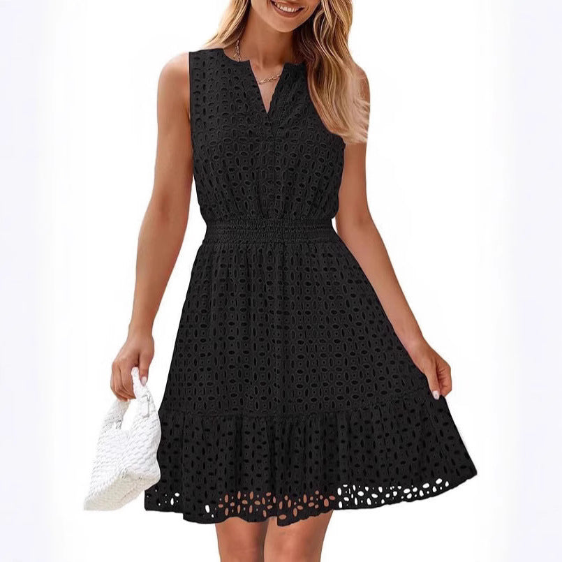 Women's Summer Sleeveless Dress Collar Eyelet High Dresses
