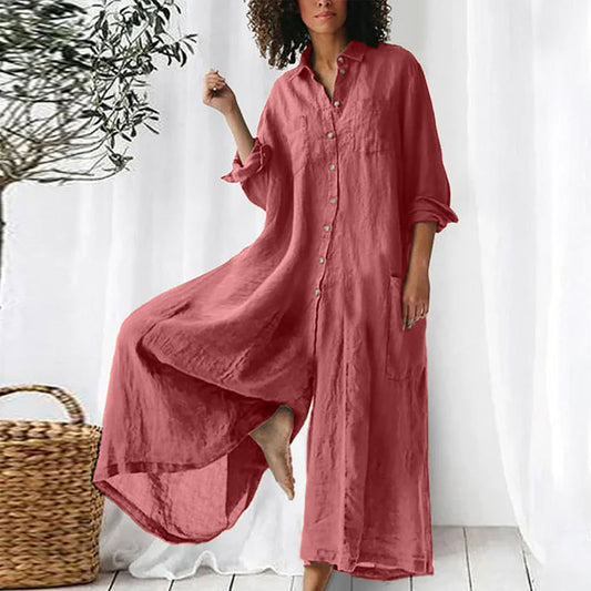 Women's Color Casual Long Sleeves Mid-length Cotton Jumpsuits