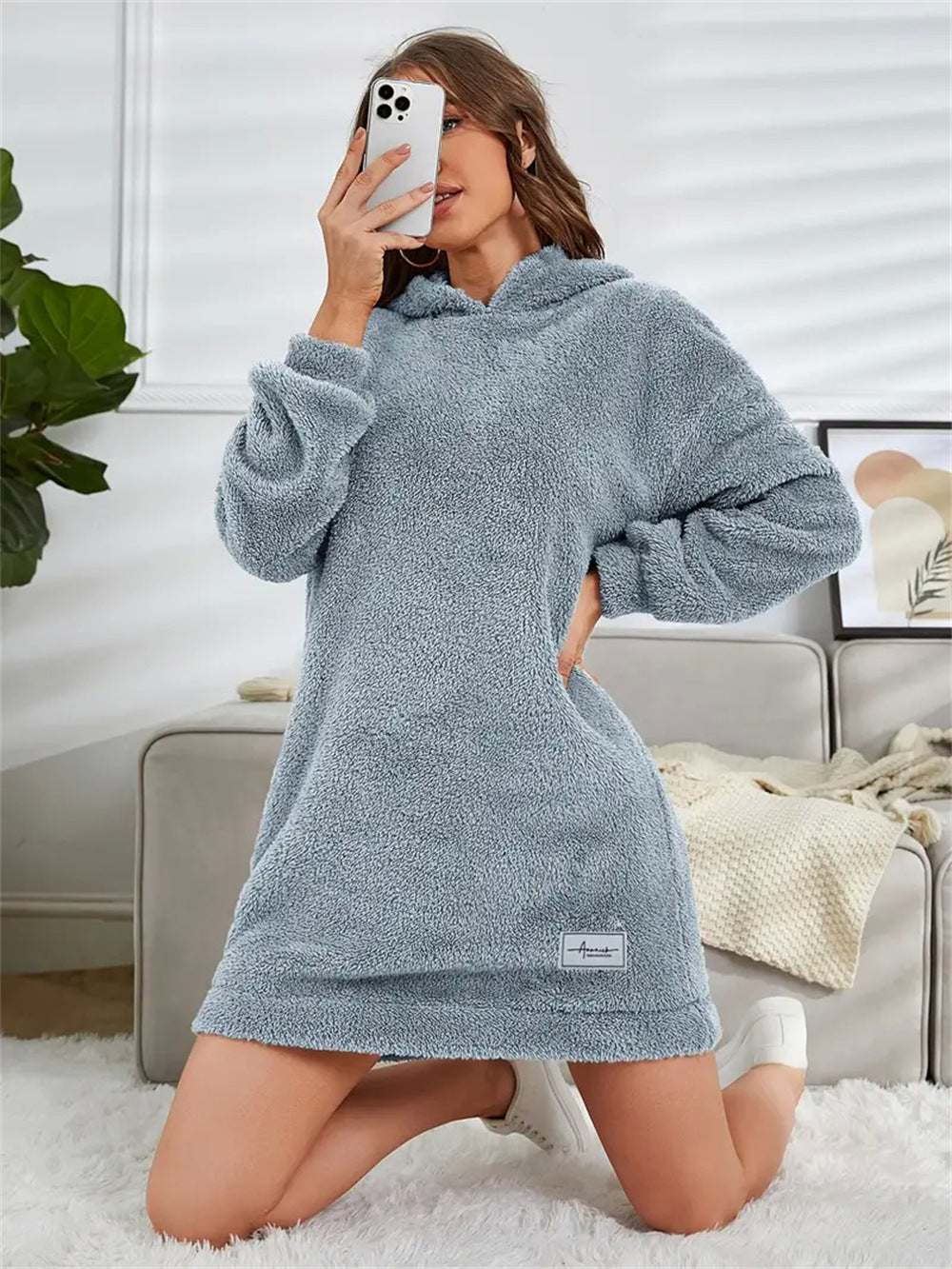 Women's Hooded Long-sleeved Plush Dress Loose Hoodie Women's Sweater, Sweater
