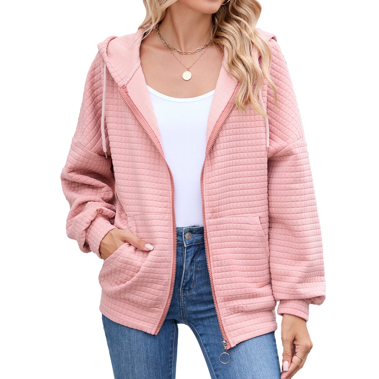 Women's Solid Color Zipper Hooded Pocket Sweatshirt Coats