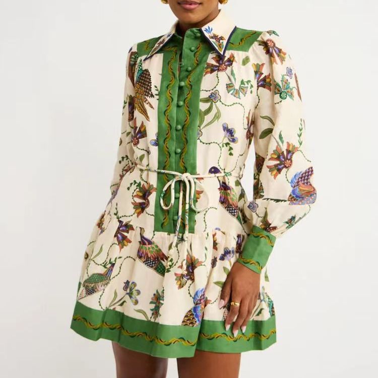 Single-breasted Long Lantern Sleeve Iti Printing Dress