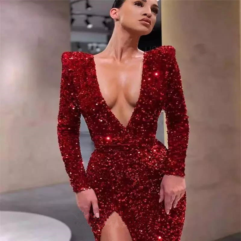 Women's Sexy Deep V Long-sleeved Embroidered Sequined Dress