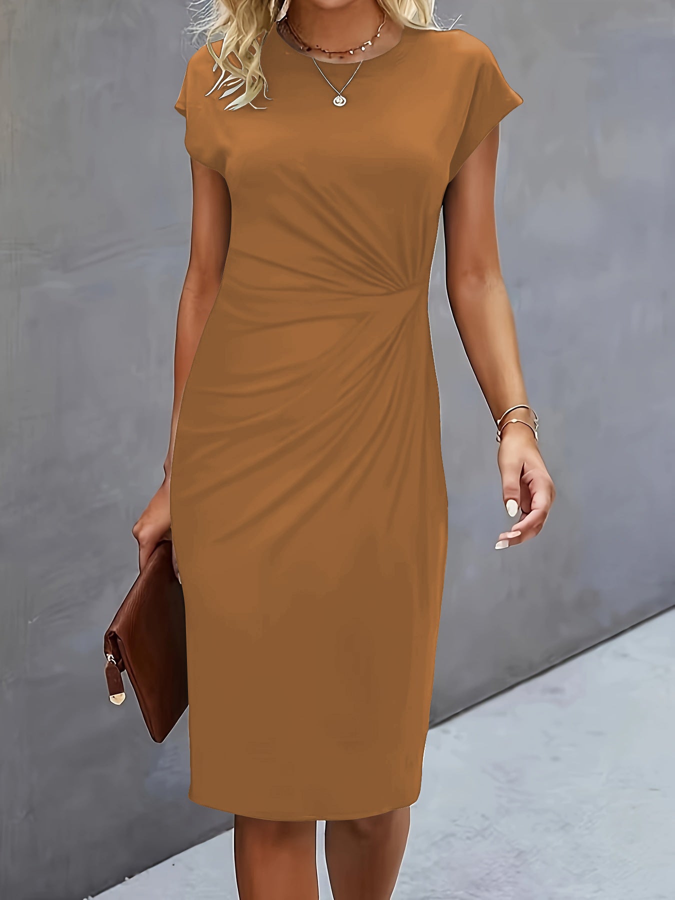 Women's Solid Color Casual Ladies Round Neck Graceful Dress