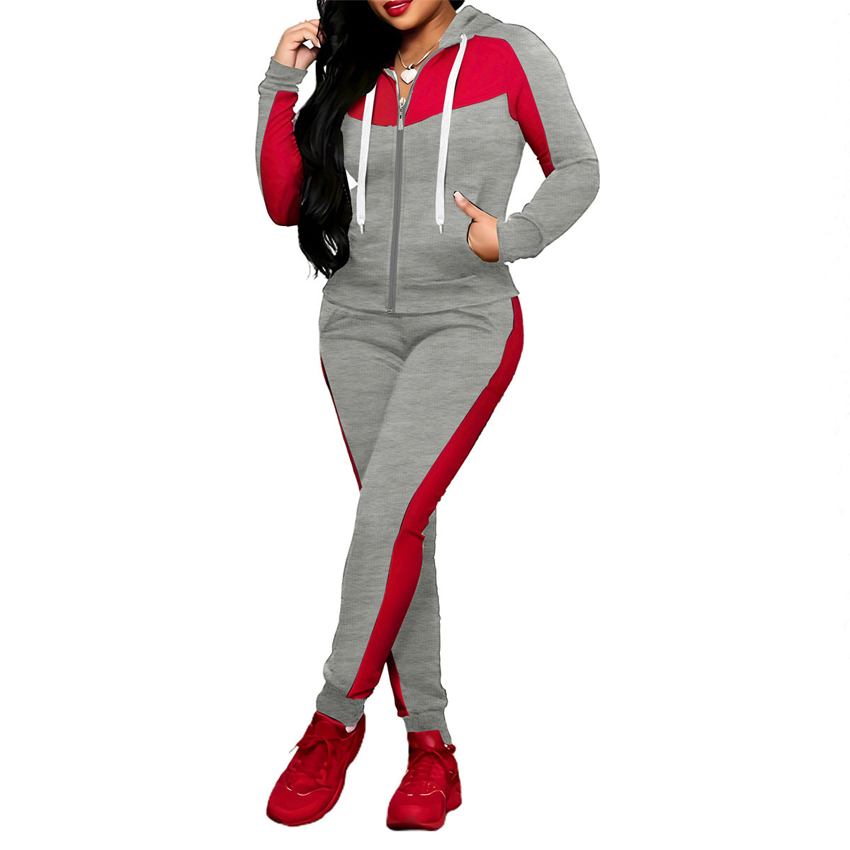 Women's Fashion Color Matching Zipper Hooded Set Suits