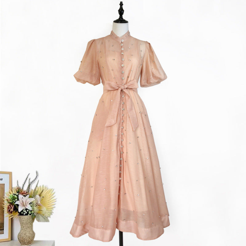 Women's Single-breasted Stand-up Collar Puff Sleeve Dress Dresses