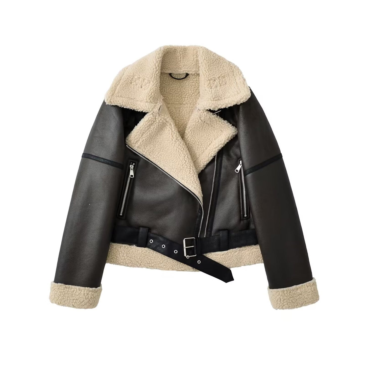 Women's Leather Niche Design Lapel With Veet Coats