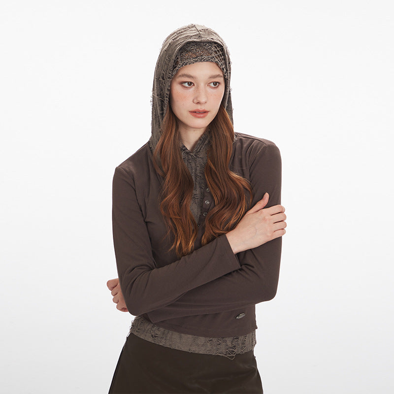 Two-piece Hooded Hole Slim Fit Long-sleeved Blouses