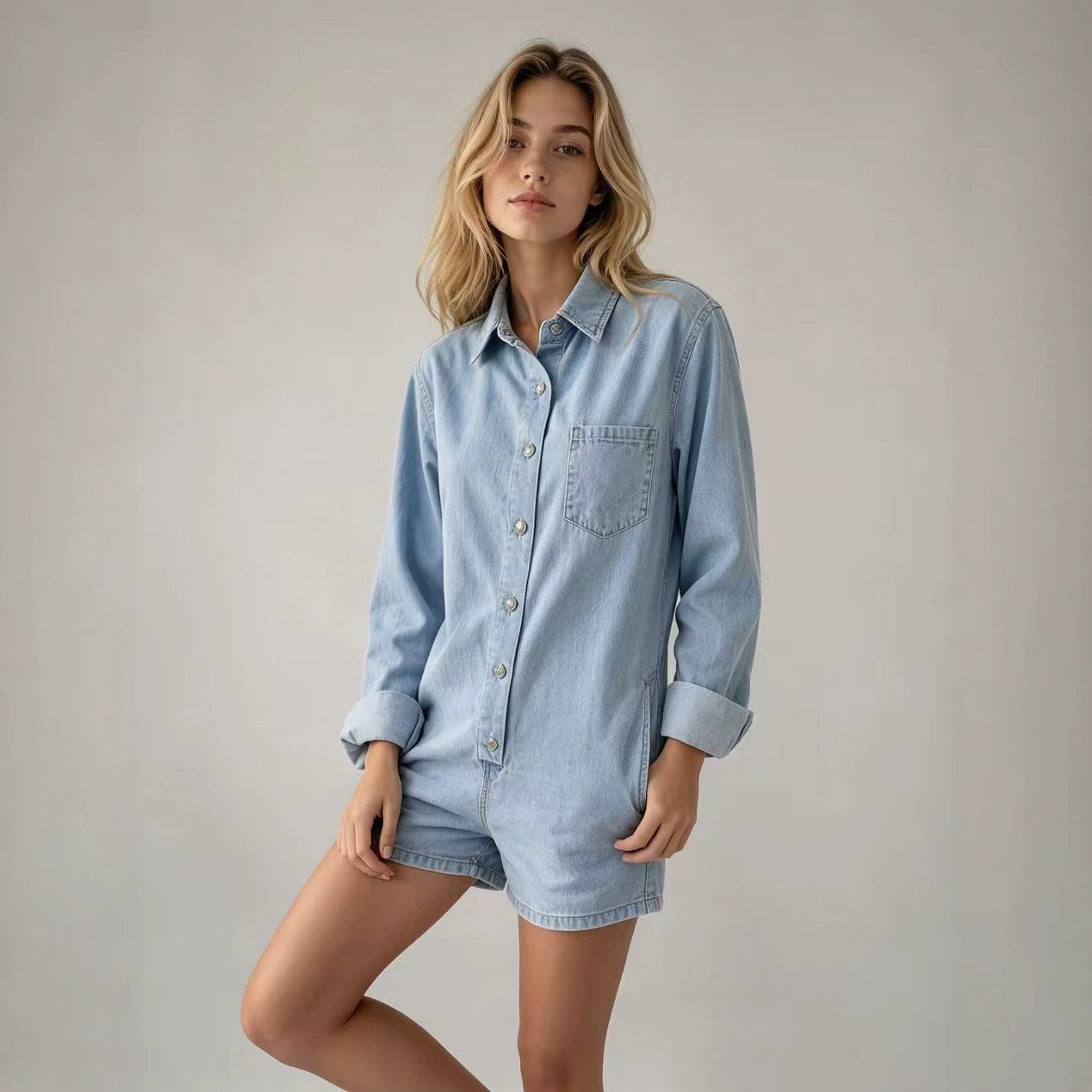 Women's Long Sleeve Casual Loose Cowboy Siamese Women's Jumpsuit/clothing
