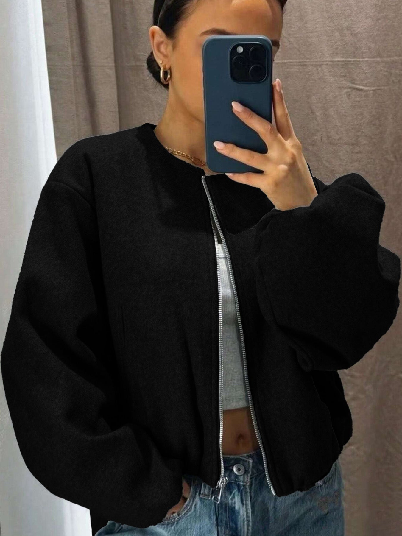 Women's Fashionable Pilot Round Neck Zipper Jackets