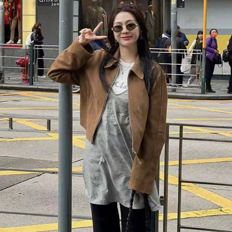 Women's Kim Leather Design Lapel Suede For Jackets