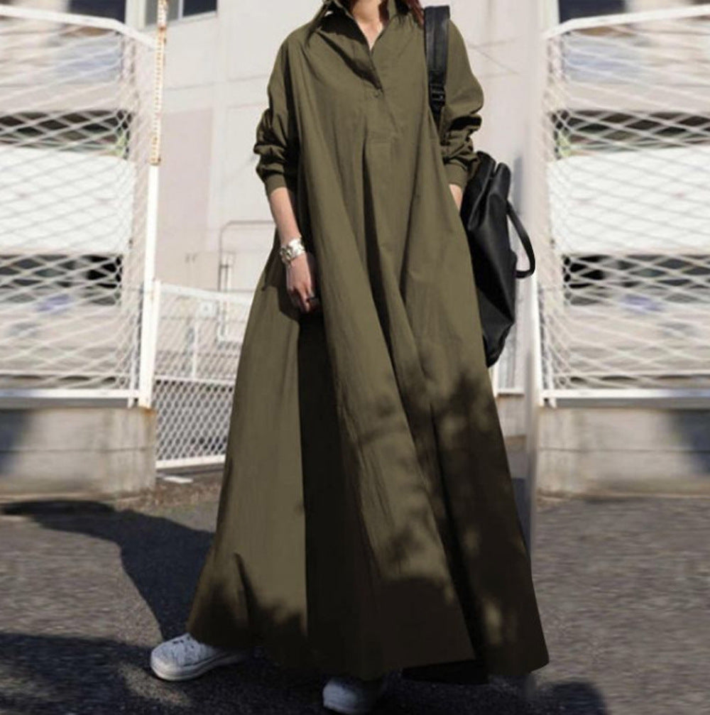 Women's Loose Long Sleeve Big Hem Solid Color Cotton Dress