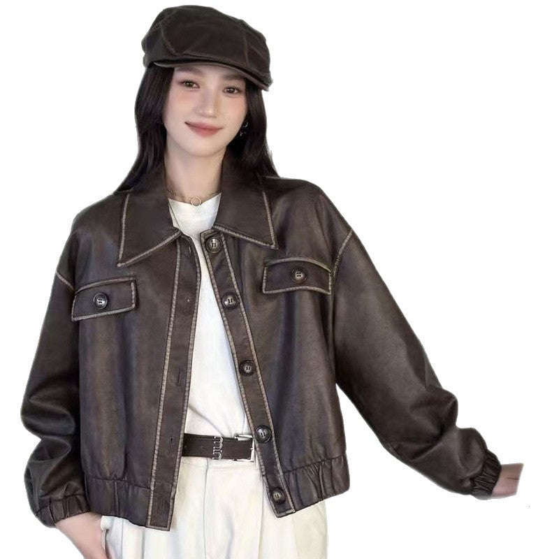 Women's Retro Distressed Leather Elegant Motorcycle Lapel Jackets