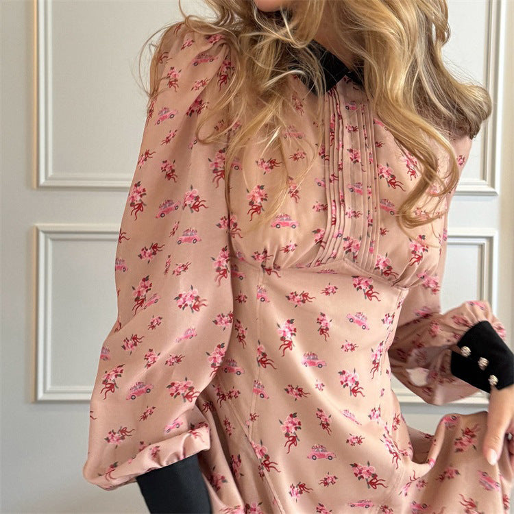 Women's Printing Color Contrast French Dress Design Pleated Lapel Dresses