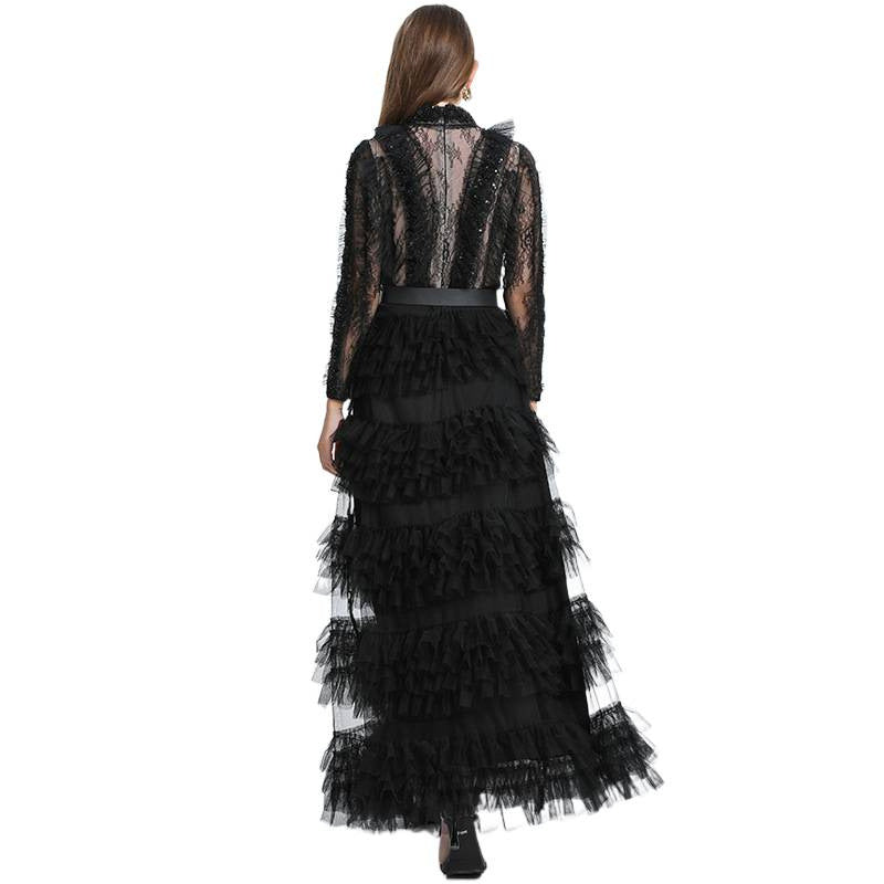 Lux Sequined Embroidered Beads Cinched Mesh Tulle Dresses