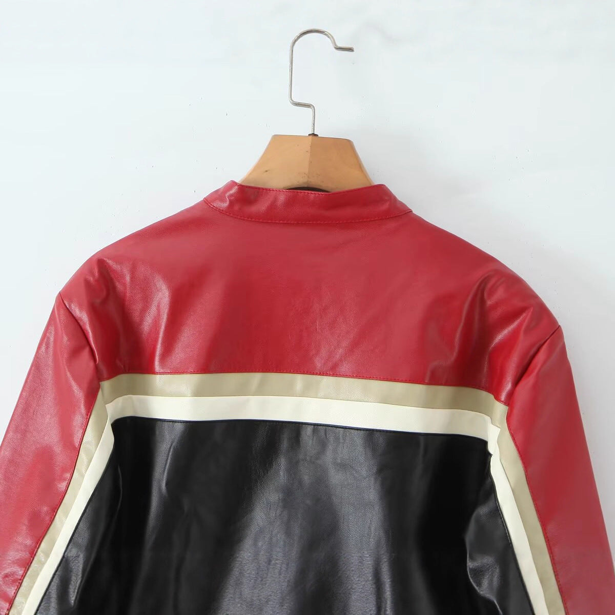Women's Fashion Stand Collar Stitching Leather Midriff Jackets